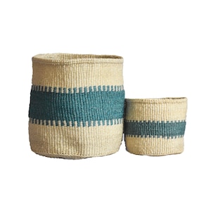 Handmade Kenyan Woven Storage Baskets | Teal Pattern | Ethical Indoor Planters | Sustainable Sisal Baskets