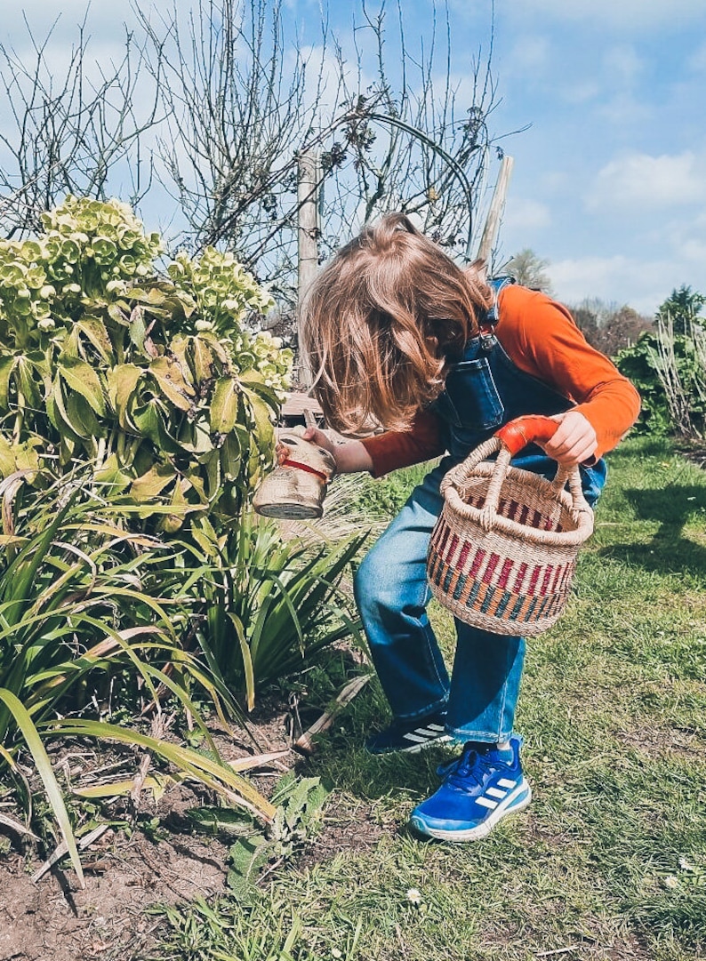 Op de afbeelding: Een kind dat blauwe jeans en een rood shirt draagt, houdt een geweven mand met een rode handgreep vast. Het kind kijkt naar een plant met groene bladeren.