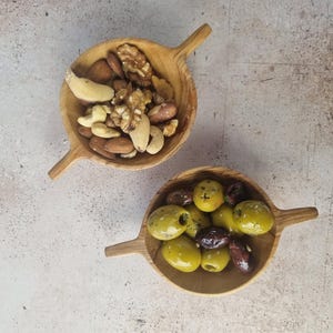 Carved Olive Wood Snack Bowl from Kenya | Small 2-Handle Sustainable Serving Dish | Ethical Hand Turned Wooden bowl