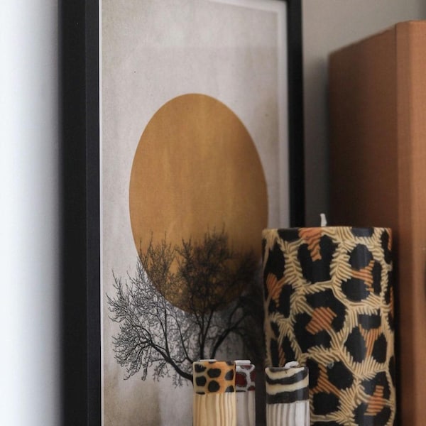 Leopard print pillar candles - Fair trade African animal print candles by swazi candles, unusual table decor