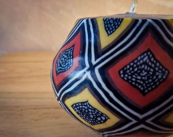 Colourful round candles - Unique African mud cloth design - fair trade and handmade colourful Swazi candles - vegan and unscented