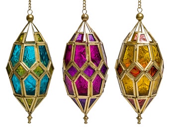 Moroccan Style Glass Lanterns | hanging colourful glass lamp | ethical tea light holder