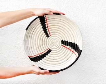 Large woven African basket, Ethical Rwandan black and white bowl, Deep tray, Monochrome Decorative wall basket