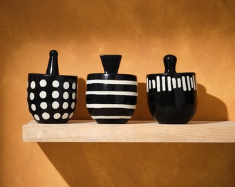Black Lidded Soapstone Pot, monochrome storage jar,