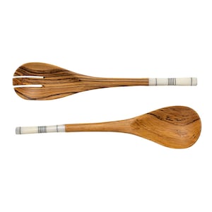 Bone handled wooden salad servers;  Natural Kitchen; Wooden serving tongs, Kenyan serving spoon