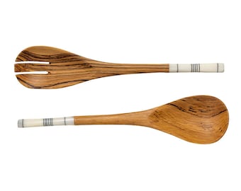 Bone handled wooden salad servers;  Natural Kitchen; Wooden serving tongs, Kenyan serving spoon