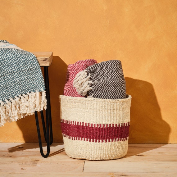 Maroon Stripe Woven Storage basket, African basket, Kenyan hand-woven baskets with dark red pattern | Ethical storage | Sustainable decor