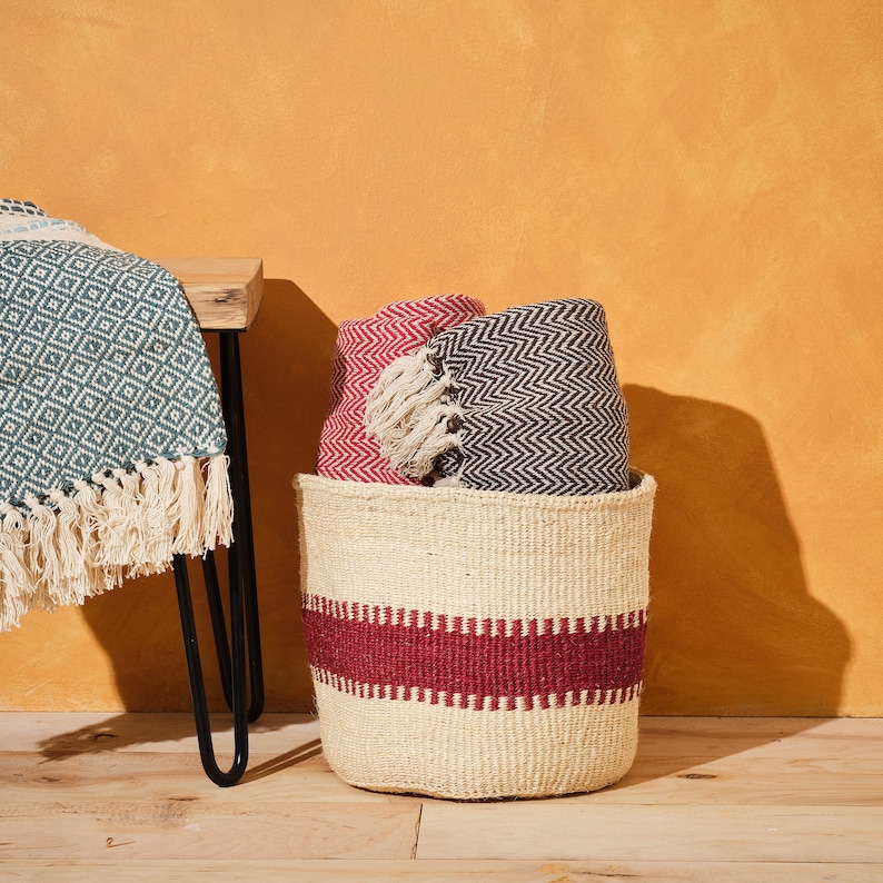 Maroon Stripe Woven Storage basket, African basket, Kenyan hand-woven baskets with dark red pattern Ethical storage Sustainable decor image 1