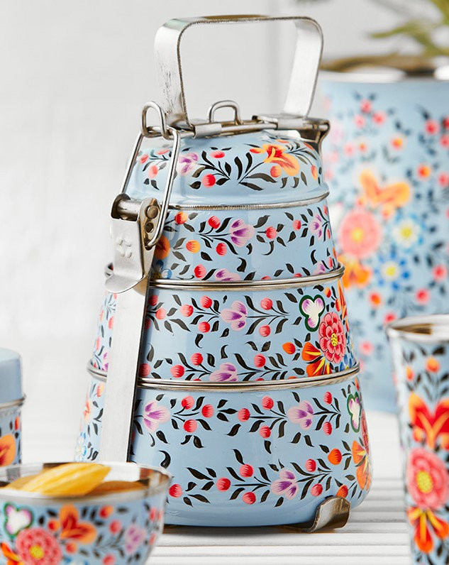 Tiffin Lunch Box | Ethical 3 tier hand painted Eco-friendly stacking lunch box | Metal lunch box | Stainless steel tiffin tin
