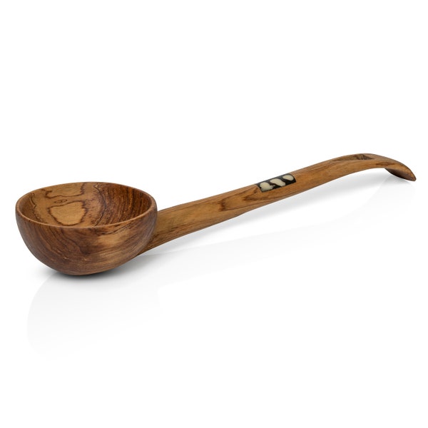 Wooden Soup Ladle with bone accent; Hand carved Natural Olive Wood Soup Spoon; Kenyan Eco gifts; Sustainable kitchen wood soup server