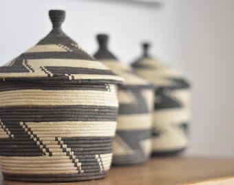 Ethnic storage baskets | Unique monochrome lidded baskets, Ethical African basket with lid from Uganda