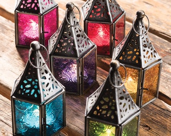 Moroccan Style Mini Glass Lantern | Free standing colourful glass lamps | ethical tea light holder |