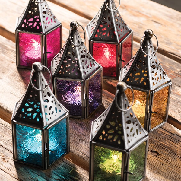 Moroccan Style Mini Glass Lantern | Free standing colourful glass lamps | ethical tea light holder |