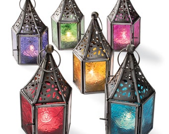 Moroccan Style Glass Lanterns | hanging colourful glass lamp | ethical tea light holder