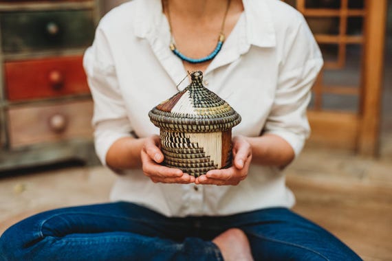 Boho African Basket with Lid | Ugandan Handwoven Storage | Natural Sustainable Home Décor | Fair Trade Ethical Gift Basket