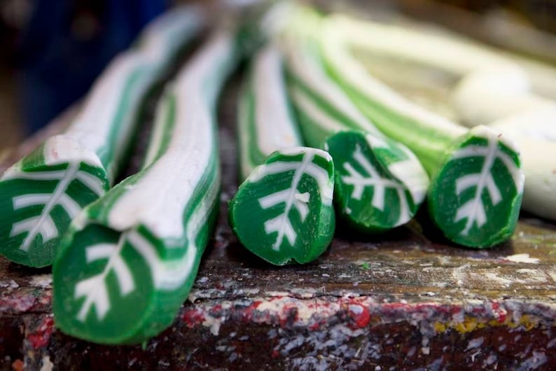May include: Close-up of five green and white striped candy canes with a leaf design on the ends. The candy canes are arranged in a row on a wooden surface.