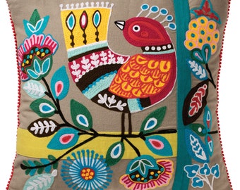 Bird Cushion Cover, Ethical Colourful hand-embroidered bird cushions for a splash of maximalist decor