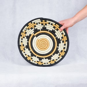 Intricate Black and White fruit bowl, Patterned African gift basket, Rwandan wall basket, Ethical woven display basket