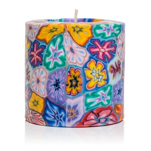 Flower candles; Colourful pillar candles with flower pattern; fair trade ethical Swazi candles; Decorative aesthetic candles; table decor