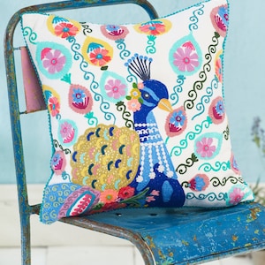 Colourful Peacock cushion, Ethical hand embroidered peacock pillow cover, maximalist decor, jungle decor, boho room decor