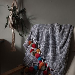 Grey Cotton Throw Blanket - Handmade 100% Recycled Cotton Cozy Throw Blanket w/ Colorful Pom-Poms | Sustainable & Ethical Home Decor Gift