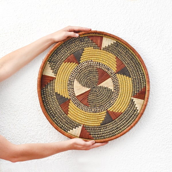 Large Ugandan decorative wall plate, 50cm Shallow Ethnic tray, Ethical African basket, Boho hanging wall decor, baskets for basket wall