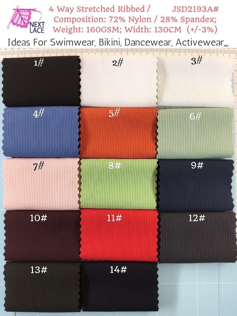 May include: A collection of 14 fabric swatches in various colors, featuring a 4-way stretched ribbed texture. The material is composed of 72% nylon and 28% spandex, with a weight of 160GSM and a width of 130CM. Each swatch is numbered 1 through 14.