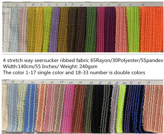 4 stretch way Double colors seersucker rib fabric 65 Cotton 30 polyester 5 Span works Swimwear, clothes, dress, boutique, price sold by yard