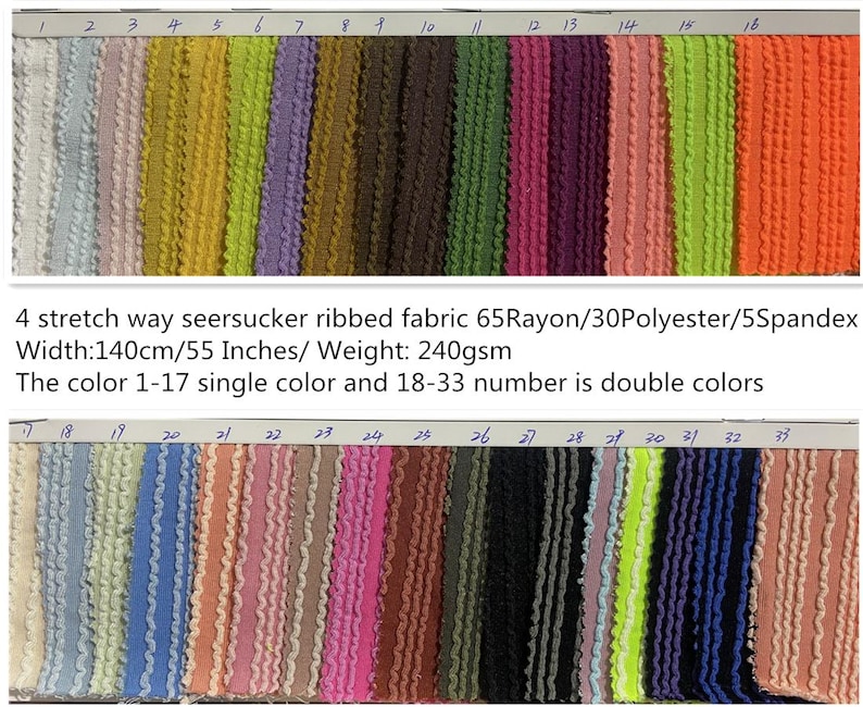 May include: A fabric sample card featuring a variety of seersucker ribbed fabric swatches in multiple colors. The fabric is 140cm (55 inches) wide and weighs 240gsm. Colors range from light blue to orange, with some double-color options.