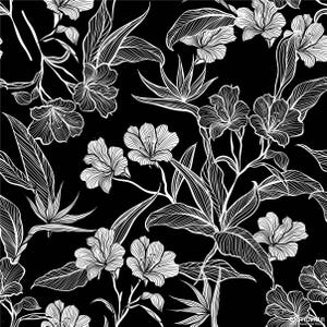 Puede incluir: Patrón floral blanco y negro con delicados dibujos lineales de flores y hojas. El diseño presenta un patrón repetitivo de flores y hojas estilizadas.