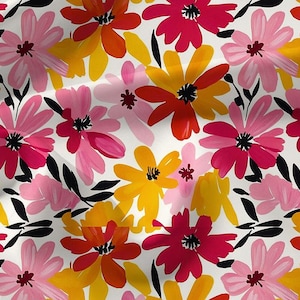 May include: A fabric pattern featuring a repeating floral design with hand-painted style flowers in shades of bright pink, magenta, orange, and yellow. The flowers are accented by small, solid black leaves and stems set against a crisp white background.