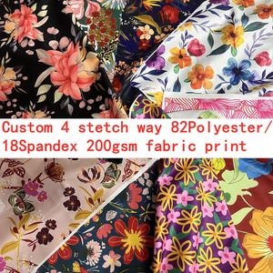 May include: A collection of fabric swatches featuring diverse floral and botanical prints in various colors including black, white, pink, and yellow. The text reads: Custom 4 stetch way 82Polyester/18Spandex 200gsm fabric print. The patterns include flowers and butterflies.