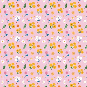 May include: A repeating pattern on a light pink background featuring clusters of yellow flowers, white daisies, pink spiky flowers, green leaves, and small orange and yellow circular accents arranged in a grid-like floral design.