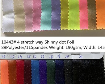 4-way stretch glanzende stof met foliestippen, 89% polyester, 21% spandex, 190 g/m². Geschikt voor danskleding, turnpakjes, jurken, kleding en bikini's. Wordt op maat gesneden verkocht.