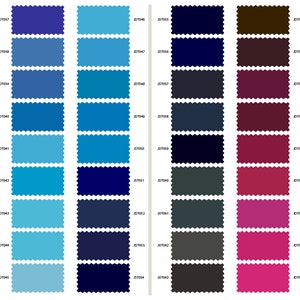 May include: A color chart with 12 rows of 3 color swatches each. The swatches are arranged in three columns, with the first column showing shades of blue, the second column showing shades of navy blue, and the third column showing shades of burgundy, red, and pink.