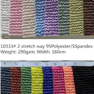 May include: Swatch card of 16 different colors of stretch fabric. The fabric is a ribbed knit with a 95% polyester and 5% spandex blend. The fabric is 290 grams per square meter and 160 centimeters wide. The colors are: light pink, white, light blue, lavender, light green, beige, brown, dark blue, red, green, yellow, blue, pink, orange, and black.