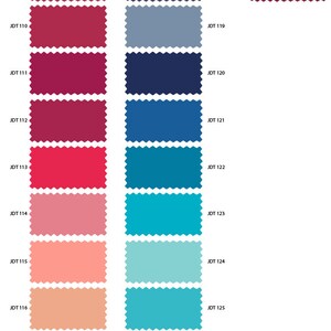 May include: A color palette chart with 17 different color swatches. The swatches are arranged in two columns. The left column features shades of red, pink, and orange. The right column features shades of blue, teal, and green.