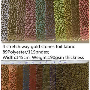 4 Way Stretch shiny gold foil stones fabric print 89Polyester 11Spandex 190GSM for Dancewear, leotard costume, dress, bikini, sold by yard