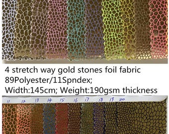 4 Way Stretch shiny gold foil stones fabric print 89Polyester 11Spandex 190GSM for Dancewear, leotard costume, dress, bikini, sold by yard