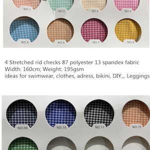 May include: Swatch card displaying 16 different fabric samples featuring a gingham pattern in a range of colours. The fabric is described as 87% polyester and 13% spandex, with a width of 160 cm and a weight of 195 grams per square metre. The card is labelled with numbers 1 through 16.