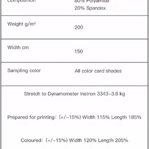 May include: Item information table with details about fabric composition, weight, width, sampling color, and stretch properties. The fabric is 80% polyamide and 20% spandex, weighs 200 grams per square meter, and is 150 centimeters wide. The table also includes information about the stretch properties of the fabric, which is tested using a dynamometer.