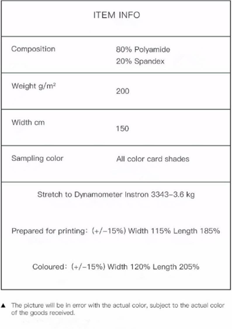 May include: Item information table with details about fabric composition, weight, width, sampling color, and stretch properties. The fabric is 80% polyamide and 20% spandex, weighs 200 grams per square meter, and is 150 centimeters wide. The table also includes information about the stretch properties of the fabric, which is tested using a dynamometer.