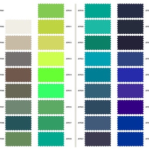 May include: A color chart with 36 different shades of green, blue, and purple. The chart is divided into three columns, with each column containing 12 shades. The shades are arranged in a gradient from light to dark.