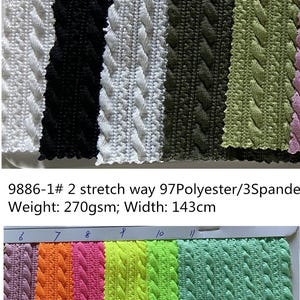 May include: A sample card of 11 different colors of stretch knit fabric with a cable knit pattern. The fabric is 97% polyester and 3% spandex. The fabric is 270 grams per square meter and 143 centimeters wide.