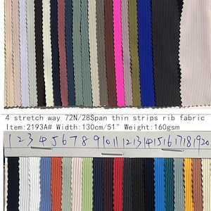 May include: A fabric swatch collection featuring 40 vertical strips of ribbed material in various colors, labeled 1 through 40. The text reads: 4 stretch way 72N/28Span thin strips rib fabric, Item: 2193A#, Width: 130cm/51", Weight: 160gsm.