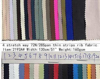 May include: A fabric swatch collection featuring 40 vertical strips of ribbed material in various colors, labeled 1 through 40. The text reads: 4 stretch way 72N/28Span thin strips rib fabric, Item: 2193A#, Width: 130cm/51", Weight: 160gsm.