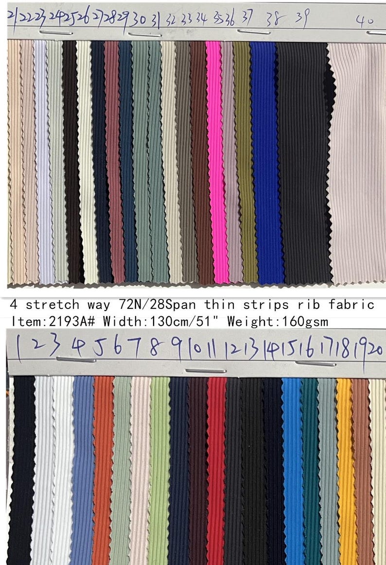 May include: A fabric swatch collection featuring 40 vertical strips of ribbed material in various colors, labeled 1 through 40. The text reads: 4 stretch way 72N/28Span thin strips rib fabric, Item: 2193A#, Width: 130cm/51", Weight: 160gsm.