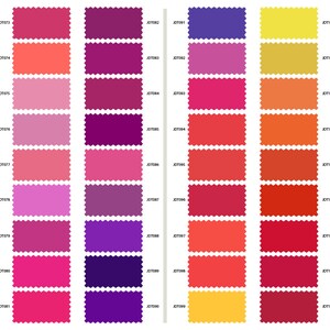 May include: A color chart with 30 different shades of red, pink, purple, yellow, and orange. The colors are arranged in rows and columns, with each color labeled with a code.