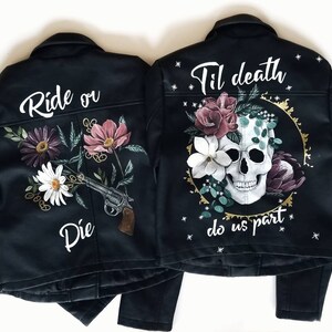 Painted Jacket, Ride or die, Bridesmaids Jacket, Floral Jacket, MOH gift, Bridal Leather Jacket, Custom Design for Bride and bridesmaids image 6