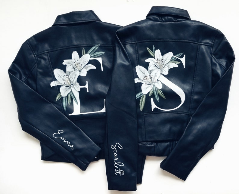 Painted Jacket, Ride or die, Bridesmaids Jacket, Floral Jacket, MOH gift, Bridal Leather Jacket, Custom Design for Bride and bridesmaids image 1